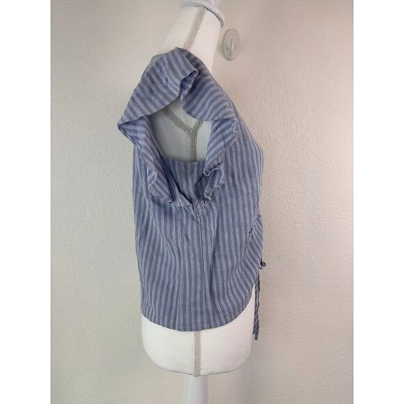 Madewell women's 0 linen-blend ruffle sleeve drawstring crop top in stripe blue - Picture 6 of 8